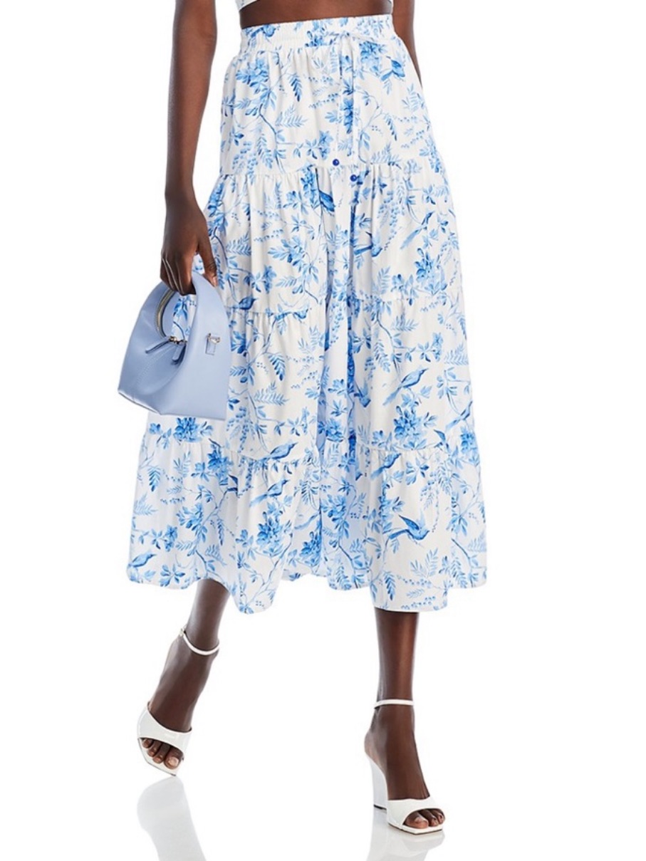 Aqua Blue And White Floral Tiered Maxi Skirt